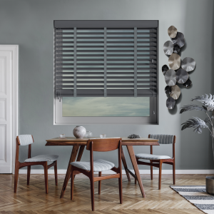 Khol with Slate Tape Wood Venetian Blinds Open