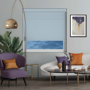 Luxe Smokey Blue Electric Pelmet Roller Blinds